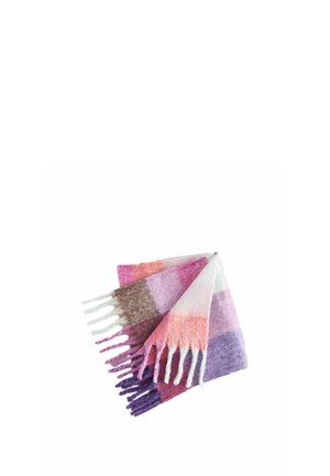 Bufanda suave de lana doblada con bordes con flecos, con rayas horizontales en tonos morado, rosa, blanco, melocotón y marrón sobre un fondo blanco.