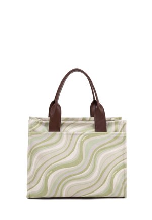 Sac cabas rectangulaire avec motifs ondulés vert clair et beige, comportant deux anses en cuir marron foncé, debout.