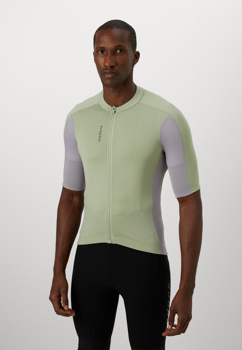 Kurzarm-Radsporttrikot in Hellgrün und Grau, aus strukturiertem Gewebe, mit einem Reißverschluss auf der Vorderseite und einem taillierten Design.