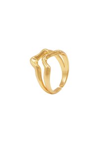 Gouden dubbele ring met een golvend ontwerp. Gladde oppervlakte, open uiteinden en een moderne, sculpturale vorm met subtiele textuur.