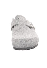 Grau gefütterter Hausschuh mit abgerundetem Zehenbereich, verstellbarem Riemen und rutschfester schwarzer Gummisohle. Glatte Textur und simples Design. Keine auffälligen Muster.