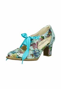 Scarpa con tacco alto a stampa floreale in teal, caratterizzata da una finitura lucida, allacciatura frontale con nastro di raso e punta tonda.