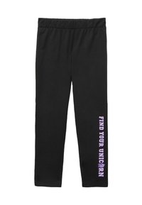 Zwarte legging met een elastische tailleband, voorzien van "VIND JE EENHOORN" in paarse tekst langs het linkerbeen. Zacht, rekbaar materiaal.