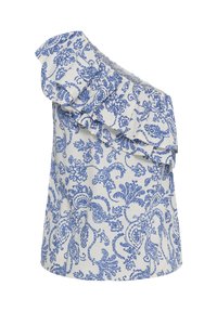 Blouse blanche à une épaule avec un motif floral cachemire bleu et un détail à volants superposés sur le décolleté et l'épaule.