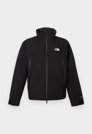 Czarna zimowa kurtka zapinana na zamek z wysokim kołnierzem, bocznymi kieszeniami na zamek, regulowanymi mankietami na rzep oraz białym logo The North Face na piersi.