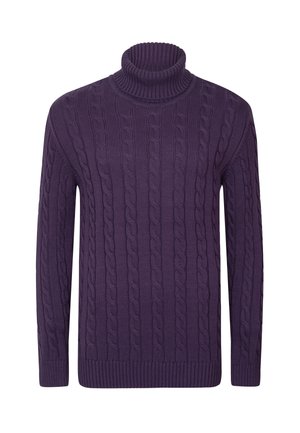 Purple long-sleeve cable knit turtleneck sweater with ribbed cuffs and hem, displayed on a white background.