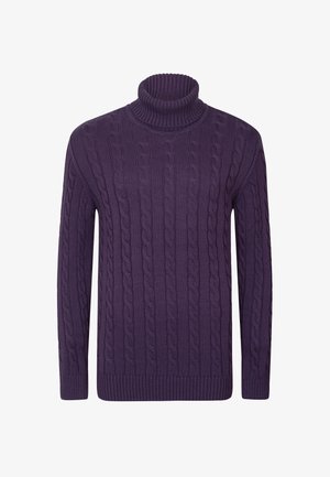 Pull col roulé en maille torsadée violet à manches longues avec poignets et ourlet côtelés, présenté sur un fond blanc.