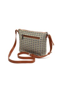 Křížová taška z potištěné látky se zipovým uzávěrem, hnědým koženým popruhem a vnější kapsou na zip. Barevný geometrický vzor obsahuje modrou a béžovou barvu.