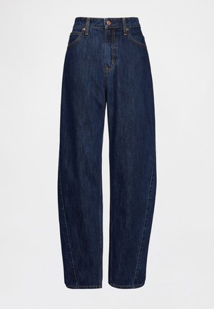 Jeans de mezclilla azul oscuro con cintura alta, diseño de pierna ancha y costuras naranjas. Cuenta con cierre de botones y estilo de cinco bolsillos.