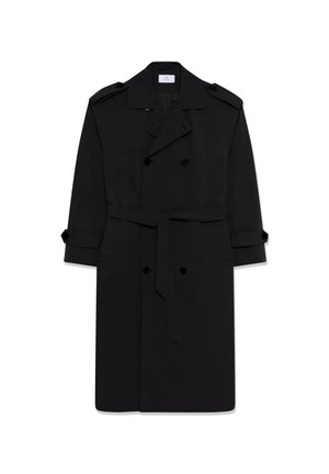 Black double-breasted trench coat with shoulder epaulets, waist belt, and buttoned cuffs, displayed flat on a white background.