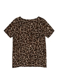Beżowa koszulka z nadrukiem w panterkę z krótkim rękawem. Posiada luźny krój oraz okrągły dekolt. Ozdobiona ciemnobrązowymi plamami zwierzęcymi.