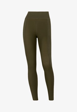Leggings atletici verde oliva con vita alta, pannelli testurizzati lungo i lati e design aderente.