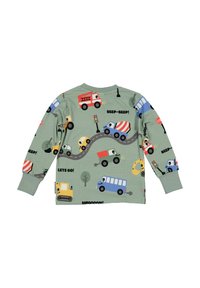 Pitkähihaisen svetarin kevyt vihreä kangas, jossa on värikkäitä ajoneuvokuvioita, kuten kuormureita ja busseja, sekä tekstielementtejä kuten "BEEP-BEEP!" ja "LET'S GO!"