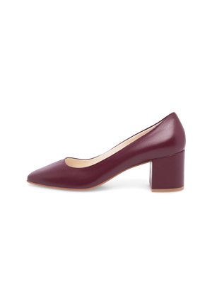 Burgundy leather block-heeled pump with a pointed toe and smooth texture. Minimalist design with a low-cut vamp for a modern look.