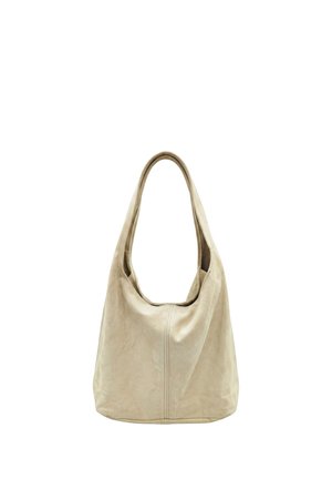 Beige Leder-Hobo-Tasche mit einem breiten einzelnen Schulterriemen und zentraler Naht, vor weißem Hintergrund gezeigt.