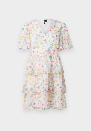 Vestuário floral em camadas com decote em V, mangas curtas bufantes e um tecido leve e translúcido com padrões de flores multicoloridas por todo o vestido.