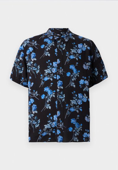 Short-sleeve shirt in black fabric featuring a blue floral pattern, button front, and classic collar design.