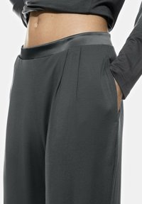 Grijze broek met een gladde satijnen tailleband, plooien aan de voorkant en zijzakken. De stof heeft een zachte textuur en een getailleerde pasvorm.