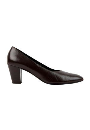 Dunkelbrauner Lederschuh für Damen mit niedrigem Blockabsatz und abgerundet-spitzer Schuhspitze vor weißem Hintergrund.