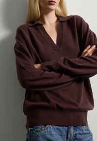 Pull marron avec un col en V, des manches longues et une coupe décontractée. Texture de tissu douce, porté avec un jean en denim bleu.