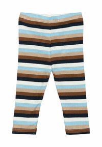 Randiga leggings med ribbad struktur i växlande nyanser av ljusblått, brunt, creme och marinblått. Raka ben och resår i midjan.