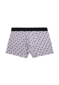 Bóxers para hombre de color gris claro con una cintura negra y un pequeño estampado floral rojo por toda la prenda.