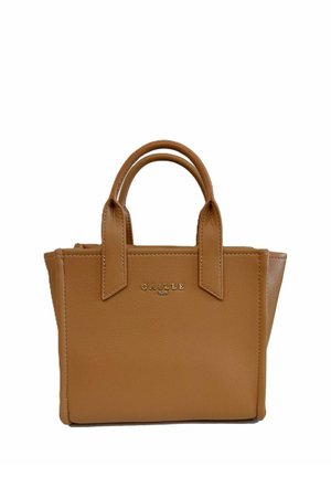 Borsa a mano in pelle marrone media con due manici arrotondati e logo dorato "GAELLE PARIS" al centro davanti.