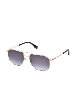 Lunettes de soleil rectangulaires avec verres dégradés gris foncé et fine monture métallique dorée, branches à bout noir et plaquettes nasales réglables.