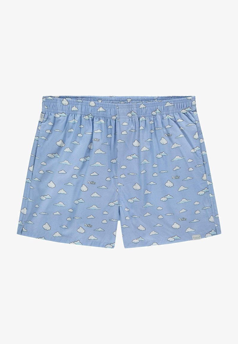 Boxeri din bumbac albastru cu un model de nori în alb și albastru deschis. Talie elastică pentru confort. Design simplu și casual.