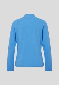 Helles blauer Pullover mit einem Stehkragen, langen Ärmeln und einem strukturierten Strickmuster. Schlichtes Design ohne sichtbare Hardware oder Akzente.