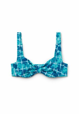 Bikini top w kolorze niebieskim i turkusowym w stylu tie-dye, z wiązanym przodem, regulowanymi ramiączkami i półmatowym wykończeniem. Ma kwadratowy kształt.