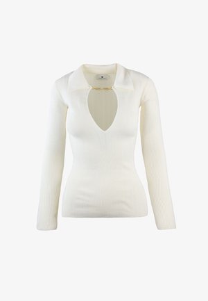 Maglietta bianca a maniche lunghe con collo a V profondo e colletto, con un dettaglio in metallo dorato all'abbottonatura. Tessuto liscio e aderente.