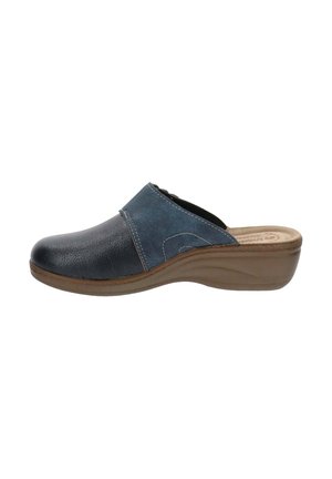 Scarpa tipo ciabatta con davanti in pelle blu scuro, superiore in suede blu e suola a zeppa imbottita marrone.