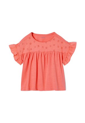 Coral pink short-sleeve blouse with eyelet floral embroidery on yoke and ruffled sleeves, featuring a gathered loose fit below the chest.