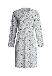 Abito con motivo floreale, caratterizzato da maniche lunghe, scollatura rotonda e una vestibilità ampia. Realizzato in tessuto leggero con fiori multicolore su uno sfondo bianco.