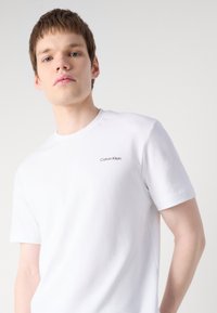 Fehér pamut póló rövid ujjal, kerek nyakkal, és egy kis fekete "Calvin Klein" logóval a bal mellrészen. Sima textúrájú.