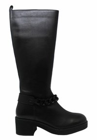 Stivali neri in pelle al ginocchio con tacco spesso e un accento di catena attorno alla caviglia. Texture liscia e design della punta arrotondata.