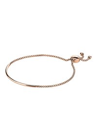 Rose gold bracelet featuring a smooth band and a chain with an adjustable clasp. Simple design with a textured chain section.