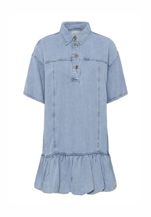 Light blue denim short-sleeve dress with collar, front button placket, stitched panels, and gathered ruffle hem.