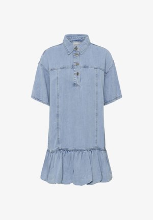 Light blue denim short-sleeve dress with collar, front button placket, stitched panels, and gathered ruffle hem.
