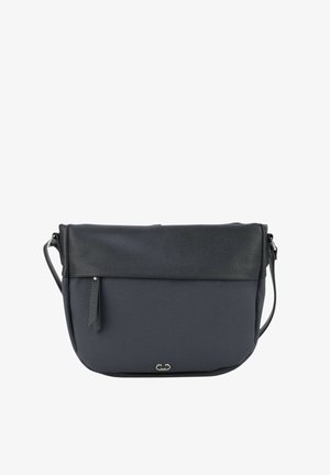 Dunkelblaues Stoff-Schultertasche mit einem strukturierten schwarzen Lederdeckel, verstellbarem Träger und silbernen Hardware-Akzenten am Boden.