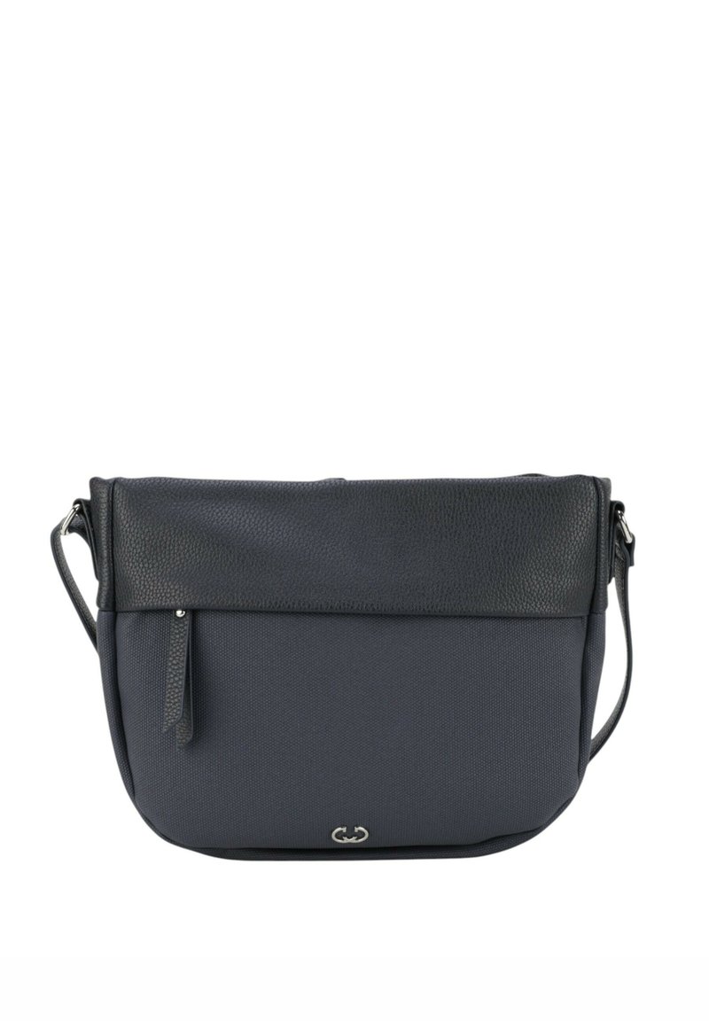 Dunkelblaues Stoff-Schultertasche mit einem strukturierten schwarzen Lederdeckel, verstellbarem Träger und silbernen Hardware-Akzenten am Boden.