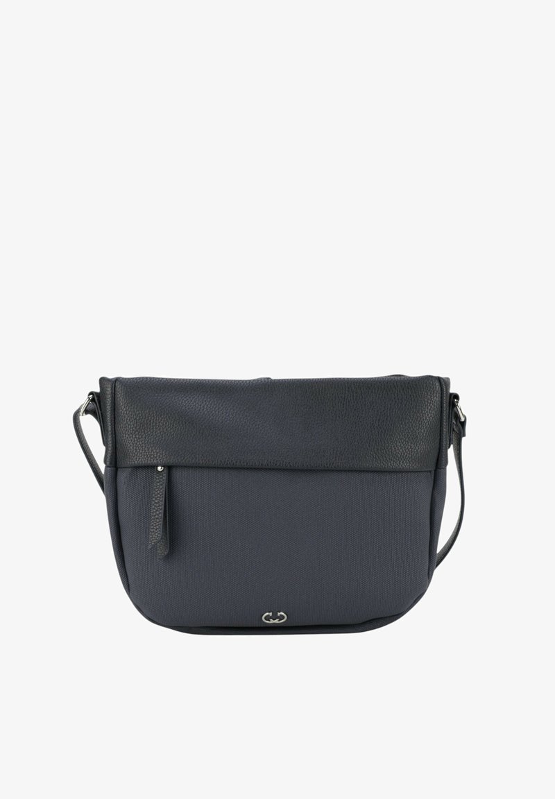 Temno modra platnena torba za ramo z teksturiranim črnim usnjenim pokrovom, nastavljivim trakom in srebrnimi okrasnimi elementi na dnu.