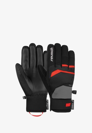 Gants noirs et gris avec paume texturée, doigts rembourrés, accents rouges et fermeture poignet ajustable ; conçus pour les temps froids.