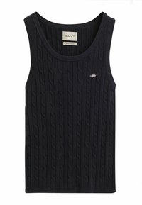 Marineblauwe gebreide tanktop met kabelpatroon, ronde halslijn en klein logo-detail op de borst. Zachte katoenen blend-stof.