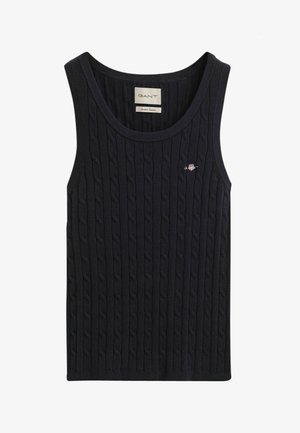 Marineblaues gestricktes Tanktop mit Zopfmuster, runder Ausschnitt und kleinem Logodetail auf der Brust. Weiches Baumwollmischmaterial.