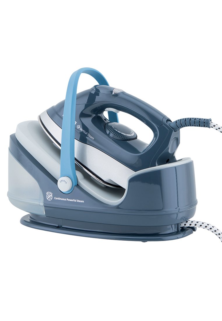 Dampfbügeleisen mit einem blauen Kunststoffgriff, grauem Gehäuse und silbernen Akzenten. Verfügt über einen abnehmbaren Wassertank und ein strukturiertes Kabel für besseren Halt.