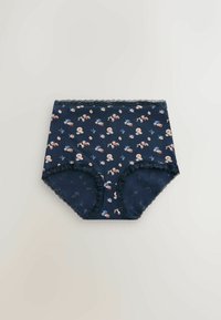 Sous-vêtement femme taille haute bleu marine avec petits motifs floraux et nœuds, orné de dentelle noire le long de la taille et des ouvertures des jambes.