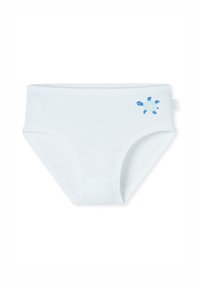 Białe bawełniane slipy o gładkiej teksturze, z małym niebieskim rysunkiem żółwia po lewej stronie. Prosty i klasyczny design.