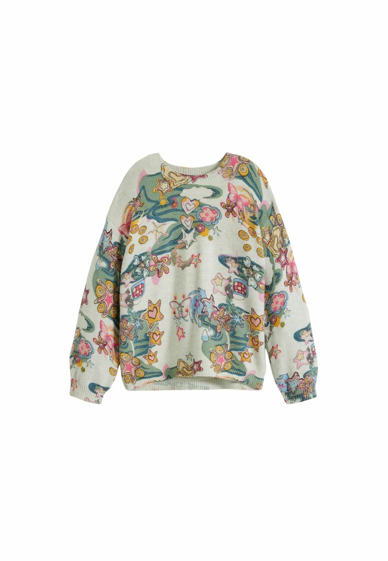 Maglione con base verde chiaro, decorato con un motivo floreale e stelle multicolori, scollo rotondo e polsini elasticizzati. Morbido tessuto a maglia.